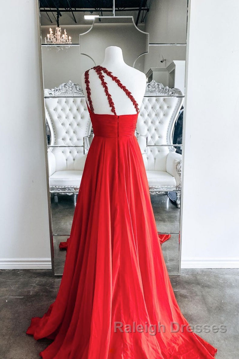 Red one shoulder Prom Dresses Long red Prom Dresses