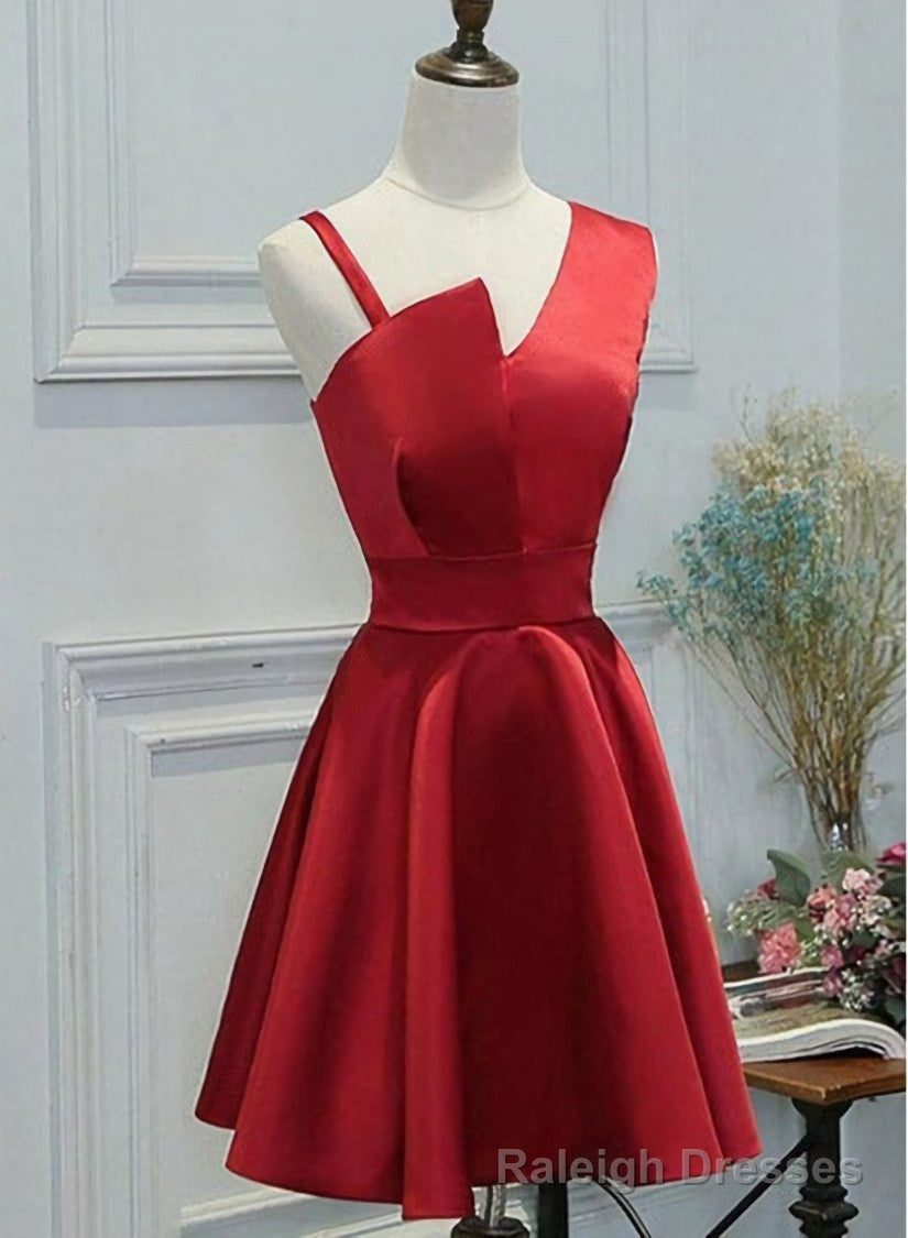 Red One Shoulder Satin Knee Length Homecoming Dress Prom Dress, Short Prom Dress Formal Dress
