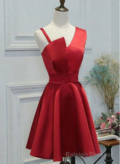 Red One Shoulder Satin Knee Length Homecoming Dress Party Dress, Short Prom Dress Formal Dress