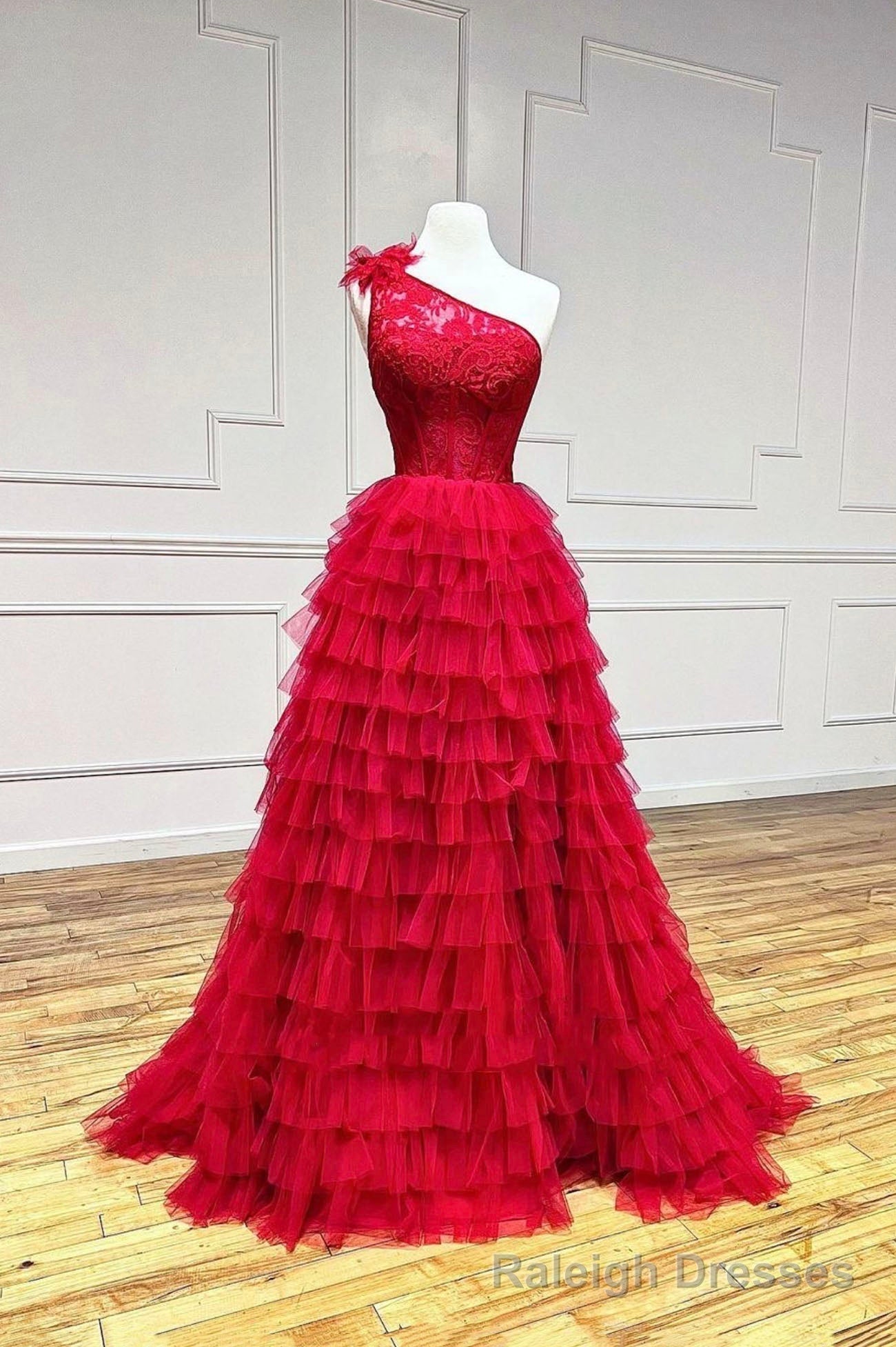 Red One Shoulder Tulle Layers Long Prom Dress with Lace, A Line Prom Prom Dress Main image