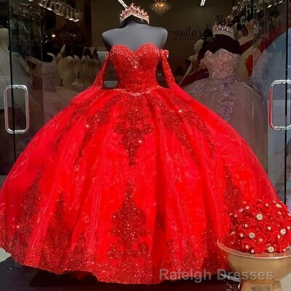 Red Organza Sweet 16 Quinceanera Dresses Sequins Applique Beaded Sweetheart Ball Gown Main image