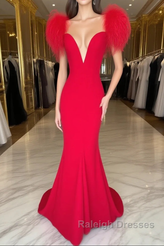 Red Prom Dresses Mermaid V Neck Long Prom Dresses with Feathers Main image