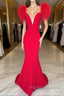 Red Prom Dresses Mermaid V Neck Long Prom Dresses with Feathers