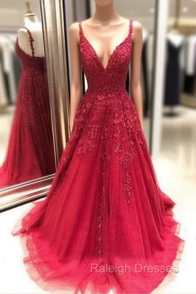 Red Prom Dresses, A-line/Princess V Neck Sleeveless Sweep Train Tulle Prom Dress With Appliqued Main image