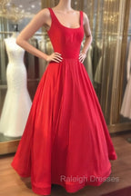 Red Prom Dresses, A-line Square Neckline Regular Straps Long/Floor-Length Satin Prom Dress