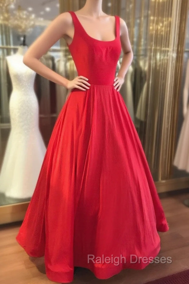 Red Prom Dresses, A-line Square Neckline Regular Straps Long/Floor-Length Satin Prom Dress