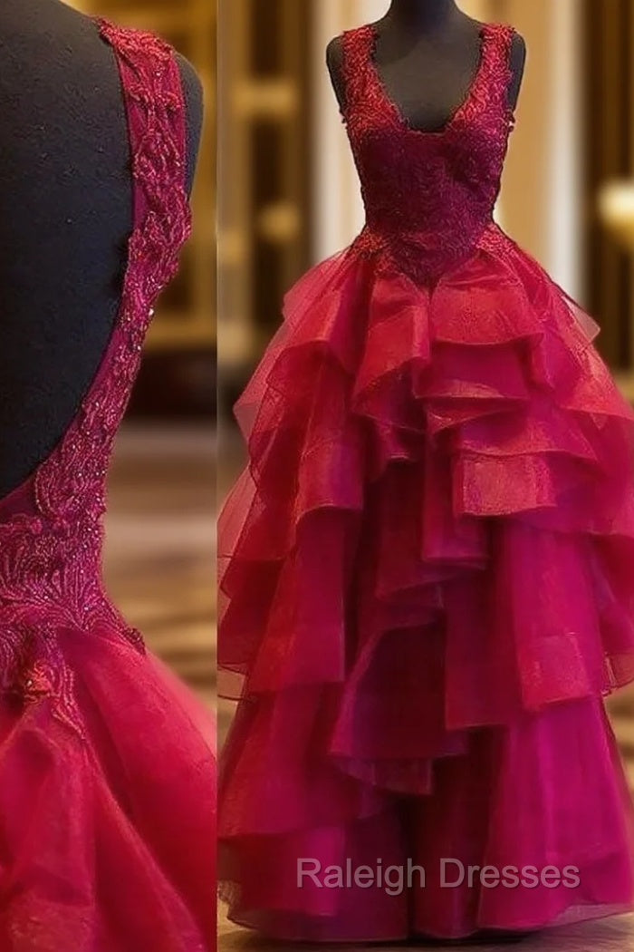 Red Prom Dresses, Ball Gown Square Neckline Sleeveless Long/Floor-Length Organza Prom Dress With Ruffles Appliqued Beading Main image