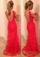 Red Prom Dresses, Sheath/Column V Neck Sleeveless Sweep Train Lace Prom Dress With Appliqued