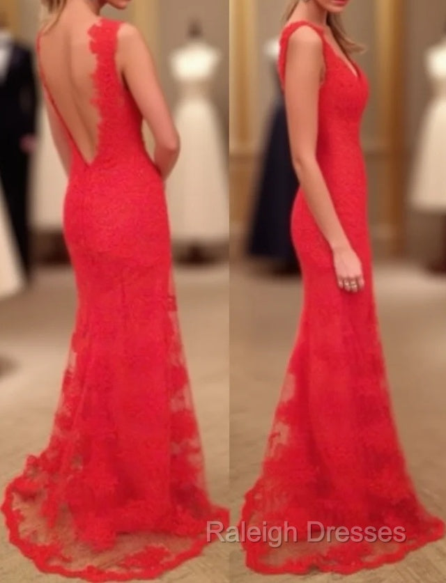 Red Prom Dresses, Sheath/Column V Neck Sleeveless Sweep Train Lace Prom Dress With Appliqued Main image