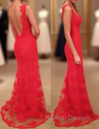 Red Prom Dresses, Sheath/Column V Neck Sleeveless Sweep Train Lace Prom Dress With Appliqued