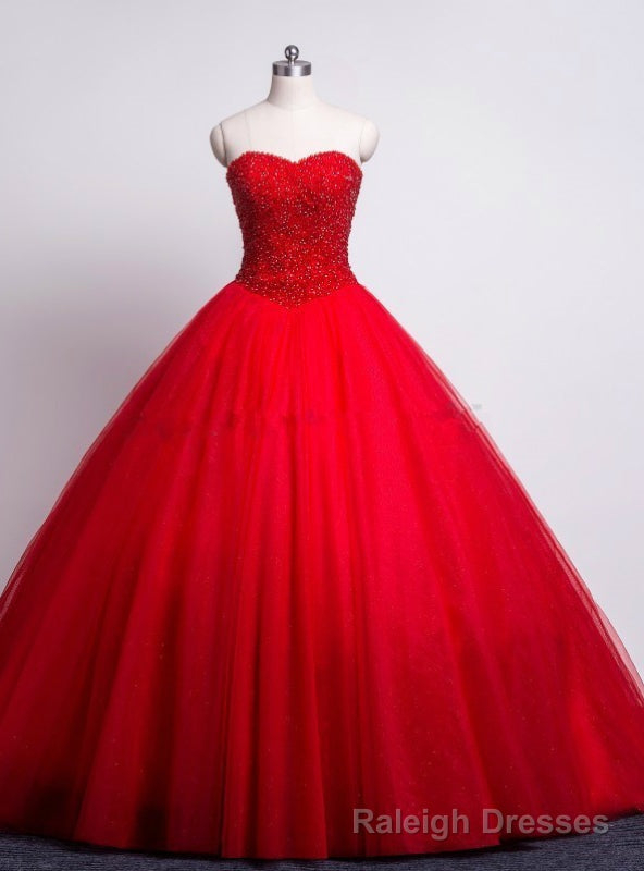 Red Prom Quinceanera Dresses Sweetheart Beaded Corset Tulle Ball Gown