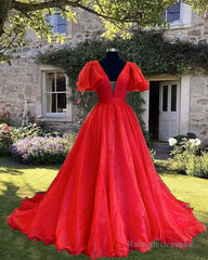Red Puffy Sleeve Ball Gown V-Neck Dress