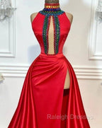 Red Robe De Soiree A-Line High Collar Satin Crystals Slit Sexy Long Prom Dresses Prom Gown Evening Dresses