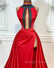 Red Robe De Soiree A-Line High Collar Satin Crystals Slit Sexy Long Prom Dresses Prom Gown Evening Dresses