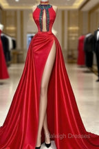Red Robe De Soiree A-Line High Collar Satin Crystals Slit Sexy Long Prom Dresses Prom Gown Evening Dresses