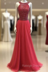 Red Round Neck Long Prom Dress, Red Evening Dress