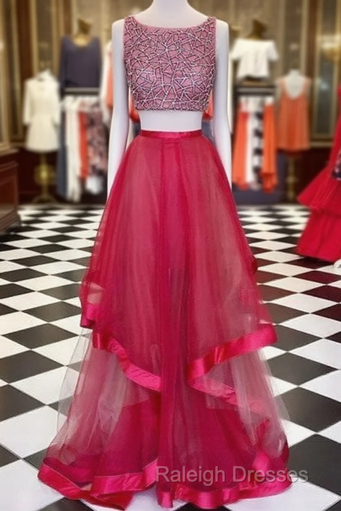 Red Round Neck Sequin Two Pieces Long Prom Dress, Evening Dress