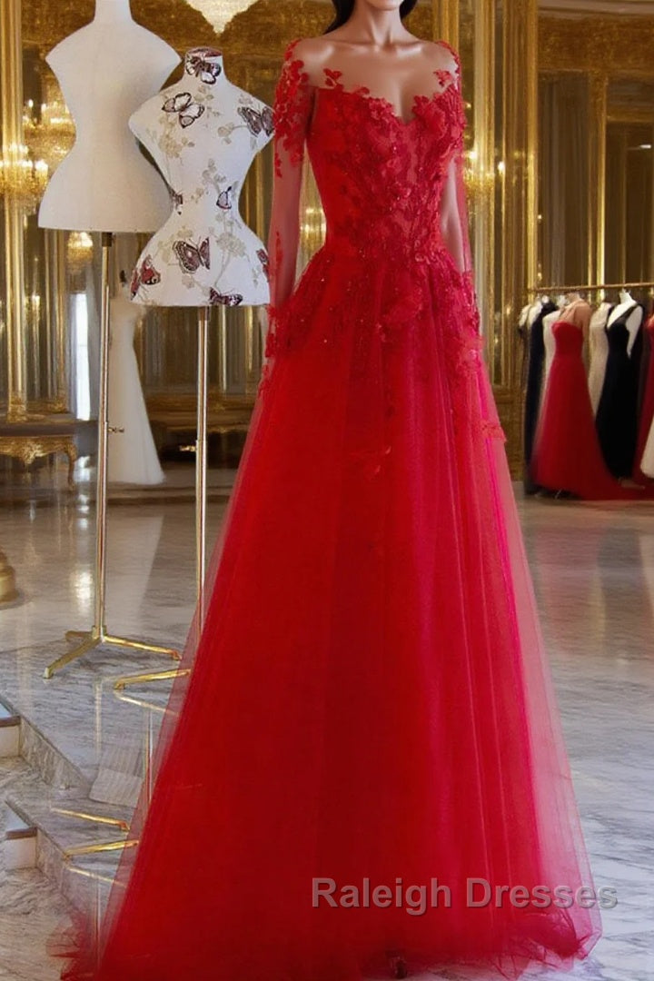 Red round neck tulle lace long prom dress, red evening dress Main image