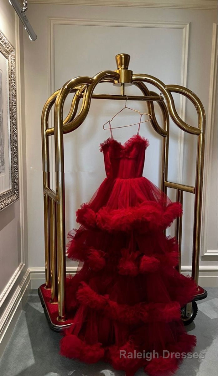 Red Ruffled Tiered Tulle Maxi Ball Gown Sweetheart Spaghetti Straps Ruffled A-Line Arabian Evening Gown Secondary image