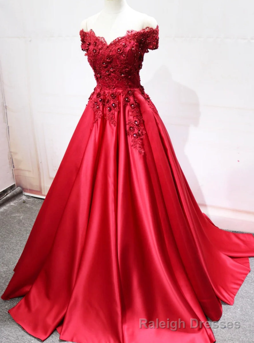 Red Saqtin Off the Shoulder Appliques Prom Dress Main image