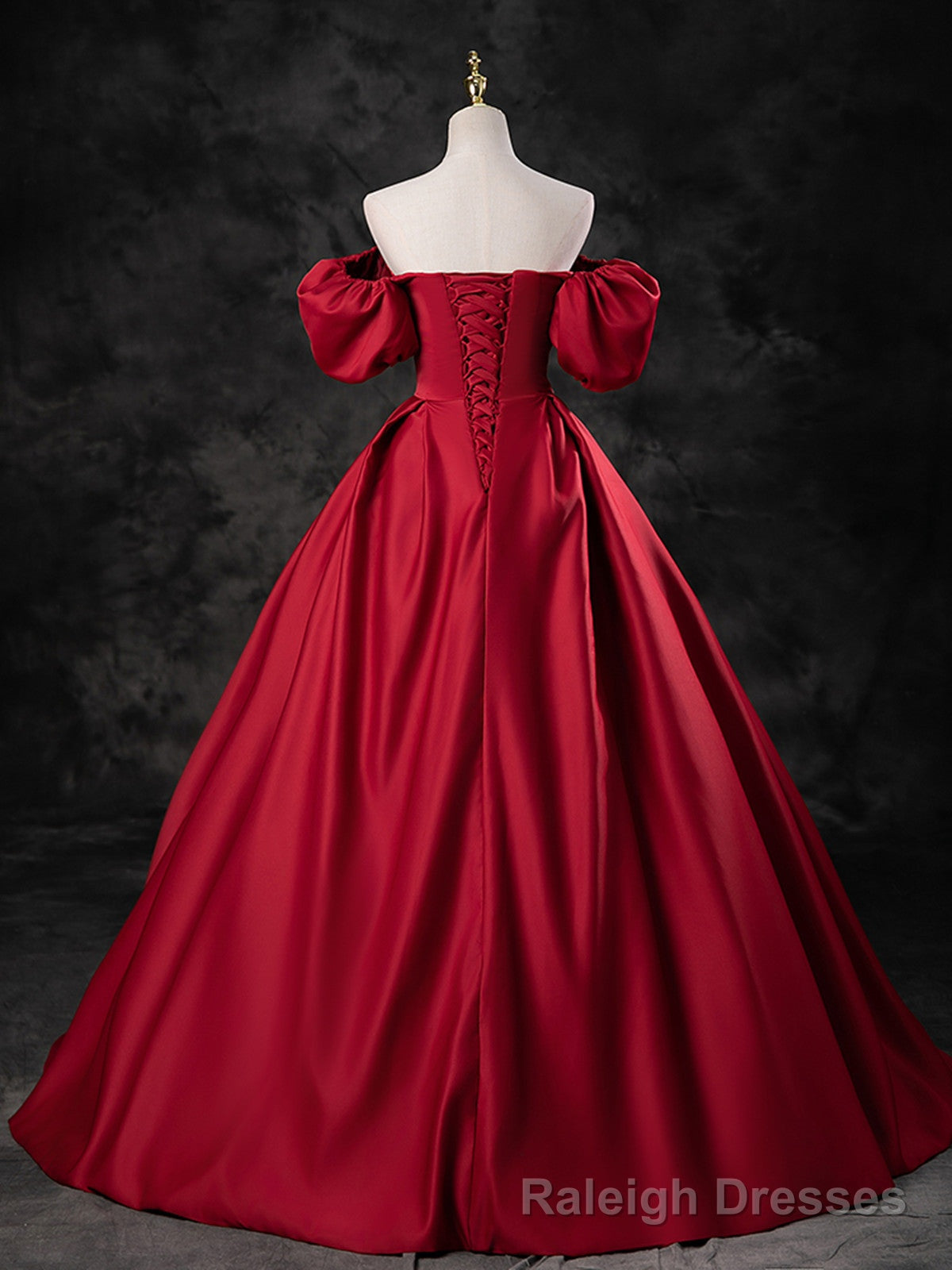 Red Satin A Line Short Sleeves Long Prom Dress, Red Long Formal Dress Prom Dress