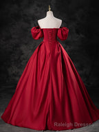Red Satin A-line Short Sleeves Long Prom Dress, Red Long Formal Dress Evening Dress