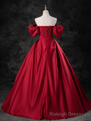 Red Satin A-line Short Sleeves Long Prom Dress, Red Long Formal Dress Evening Dress