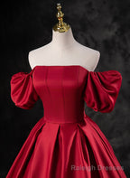 Red Satin A Line Short Sleeves Long Prom Dress, Red Long Formal Dress Prom Dress