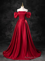 Red Satin A-line Short Sleeves Long Prom Dress, Red Long Formal Dress Evening Dress