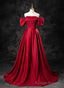 Red Satin A-line Short Sleeves Long Prom Dress, Red Long Formal Dress Evening Dress