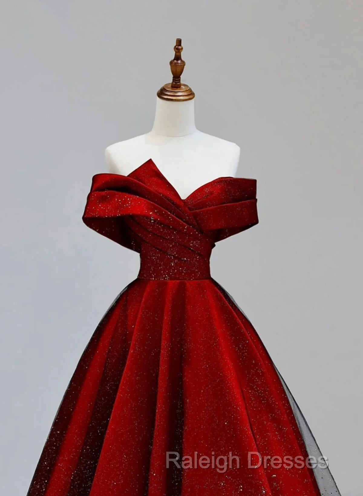 Red Satin And Black Tulle A-Line Off Shoulder Prom Dresses Simple A-Line Prom Dresses