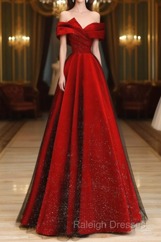 Red Satin And Black Tulle A-Line Off Shoulder Party Dress, Simple A-Line Prom Dress Main image