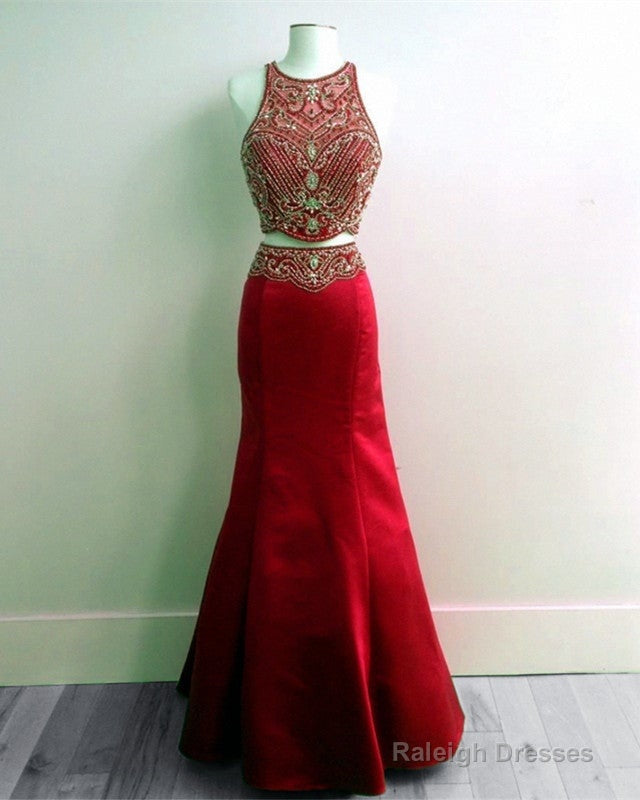 Red Satin Beaded Two Piece Mermaid Prom Gowns Main image