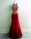 Red Satin Beaded Two Piece Mermaid Prom Gowns