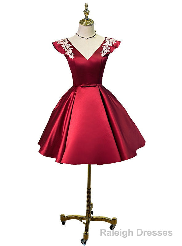 Red Satin Cap Sleeve V-neck Homecoming Dresses Main image
