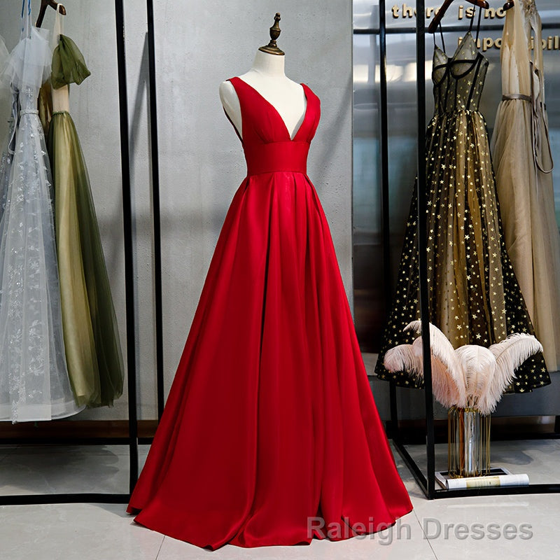 Red Satin Deep V-neckline Prom Gown, Red Floor Length Evening Gown Main image