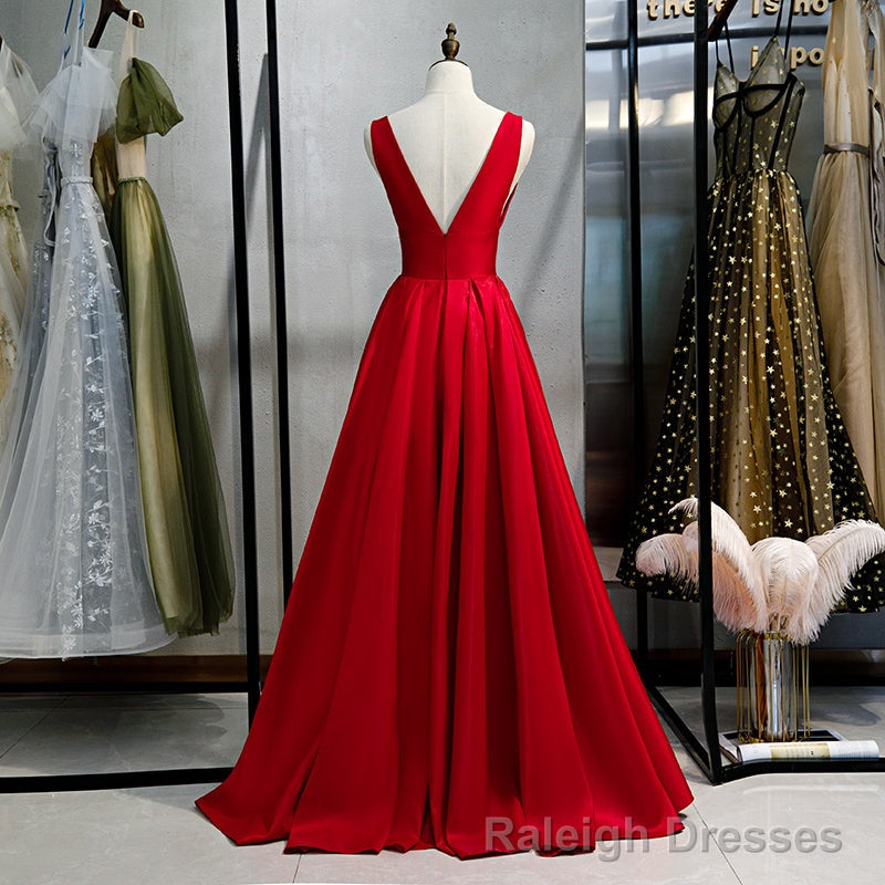 Red Satin Deep V Neckline Prom Gowns, Red Floor Length Prom Gowns