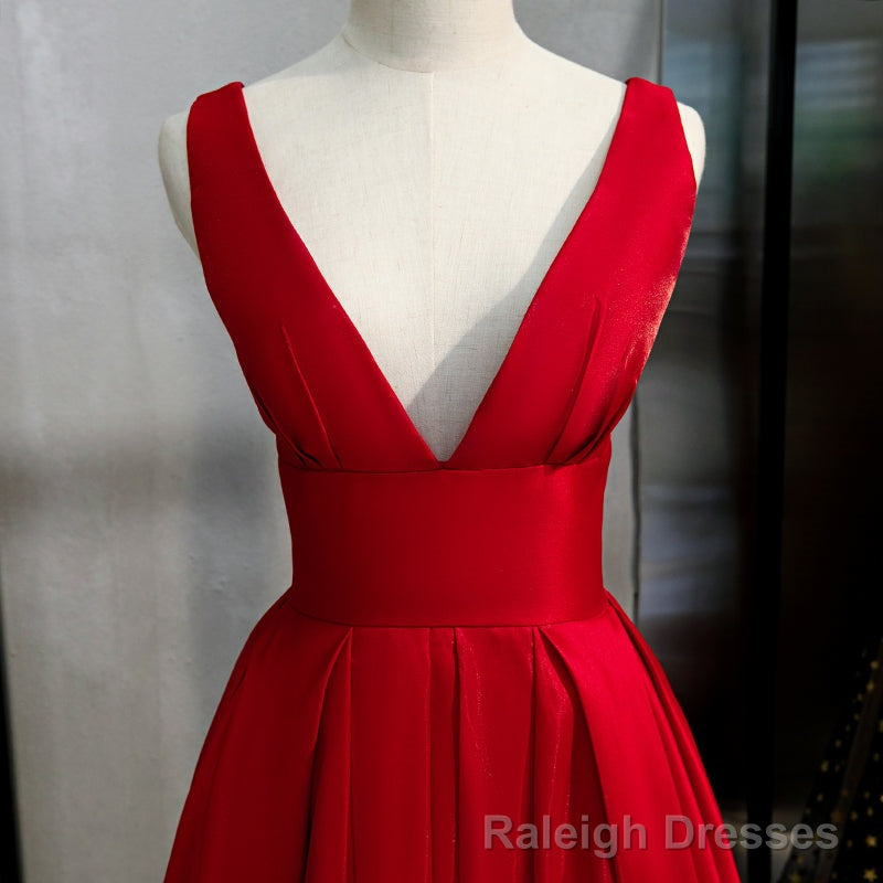 Red Satin Deep V-neckline Prom Gown, Red Floor Length Evening Gown
