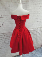 Red Satin Homecoming Dress Off Shoulder Prom Dresses Knee Length Prom Dresses