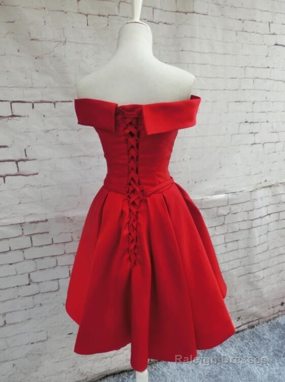 Red Satin Homecoming Dress Off Shoulder Prom Dresses Knee Length Prom Dresses