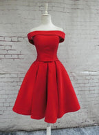 Red Satin Homecoming Dress Off Shoulder Prom Dresses Knee Length Prom Dresses