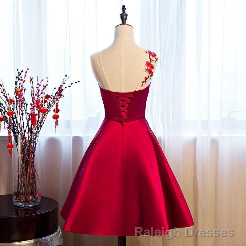 Red Satin Knee Length Prom Dress, Cute Bridesmaid Dress Secondary image