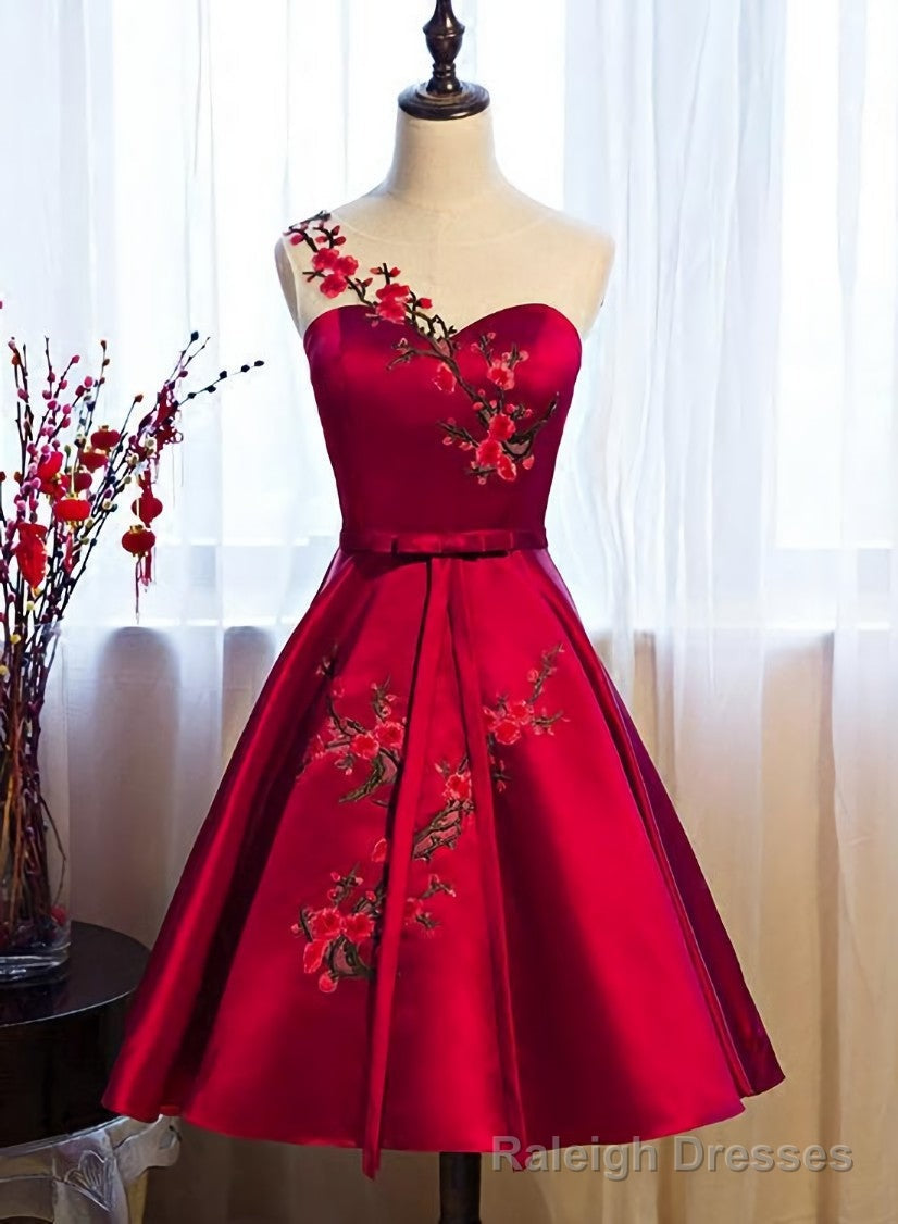 Red Satin Knee Length Prom Dress, Cute Bridesmaid Dress Main image
