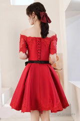 Red Satin Knee Length With Lace Party Dress, Red Short Homecoming Dress