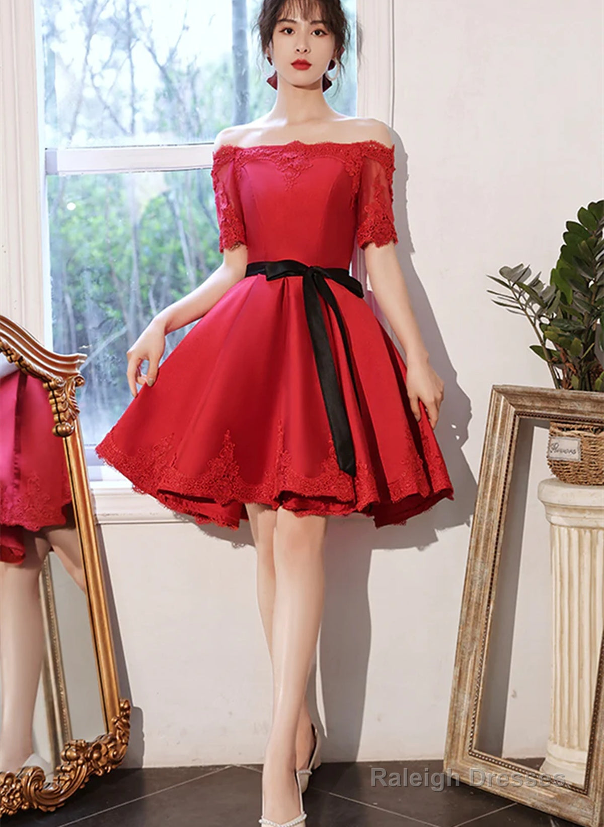 Red Satin Knee Length With Lace Party Dress, Red Short Homecoming Dress Main image