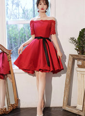 Red Satin Knee Length With Lace Party Dress, Red Short Homecoming Dress