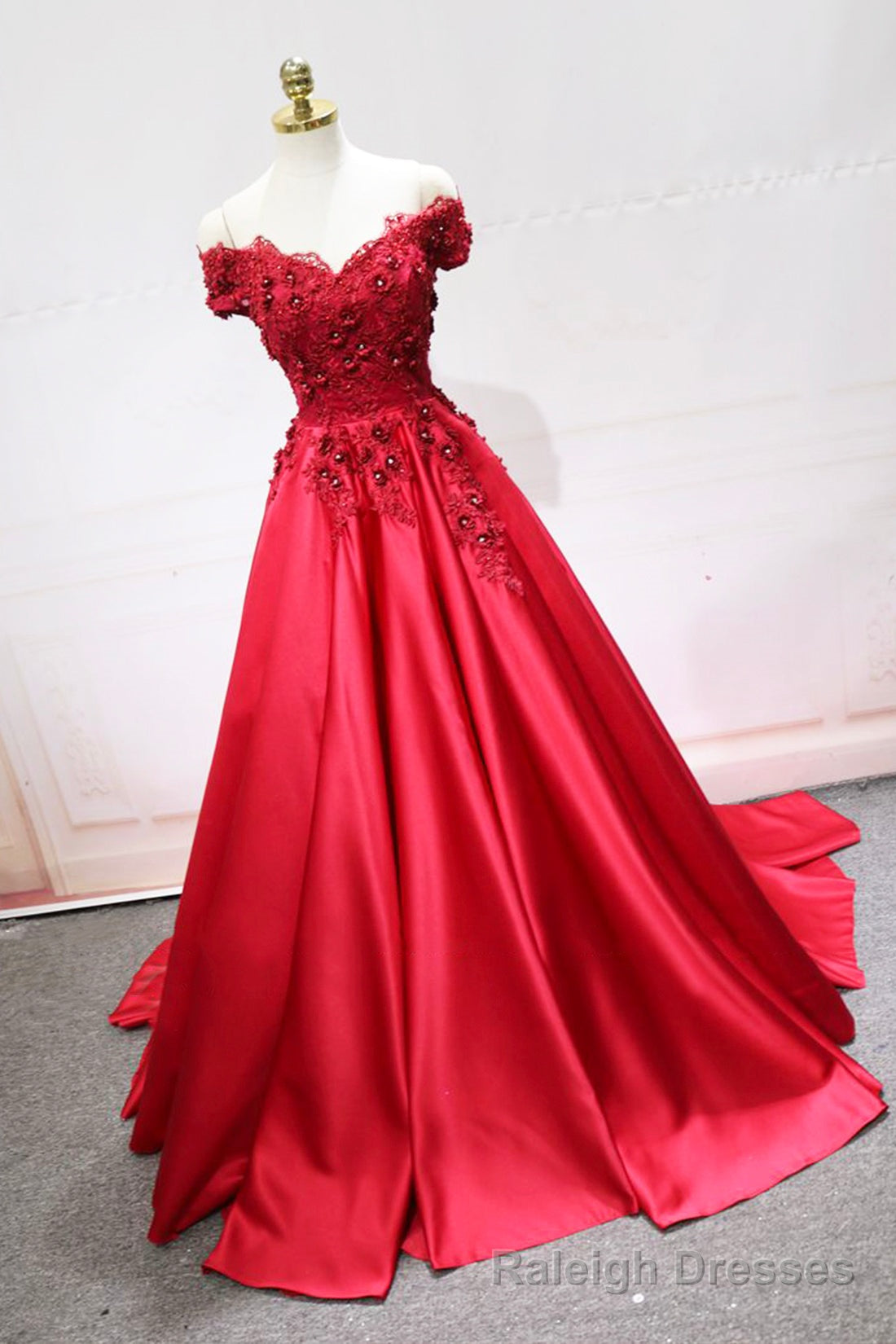 Red Satin Lace Long Prom Dress, Off Shoulder Evening Party Dress Main image