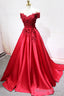Red Satin Lace Long Prom Dress, Off Shoulder Prom Prom Dress