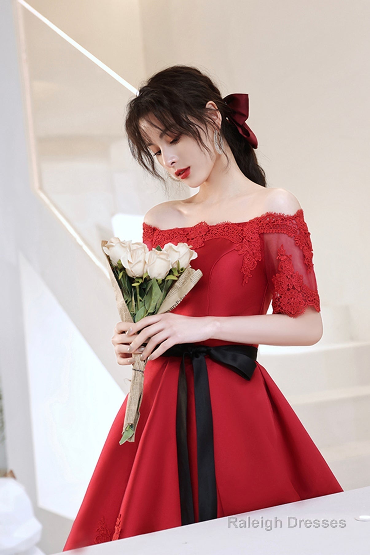 Red Satin Lace Short Prom Dresses, A-Line Evening Party Dresses
