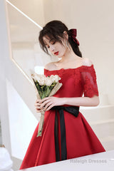 Red Satin Lace Short Prom Dresses, A-Line Evening Party Dresses